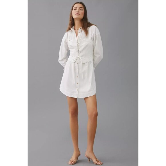 Pilcro Anthropologie White Button-Down Shirt Dress Linen Corset Top Medium 7799 - Picture 3 of 11